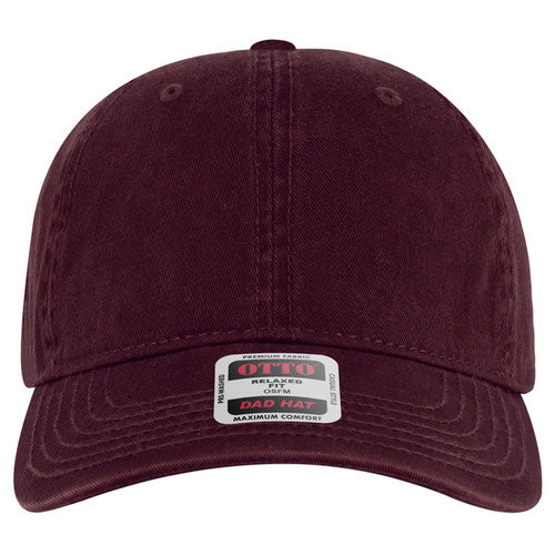Maroon baseball cap with a label on a white background
