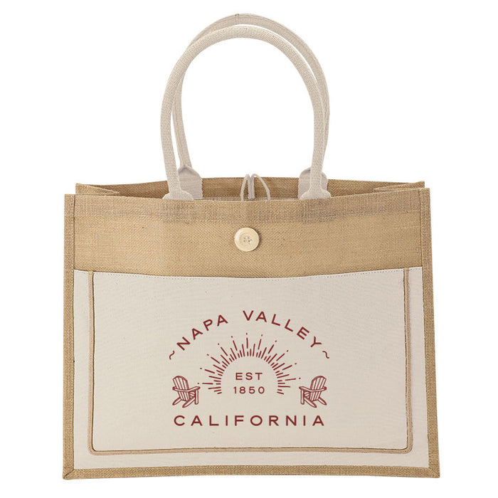 Custom   ADIRONDACK  Jute Tote Colored Canvas Button Pocket