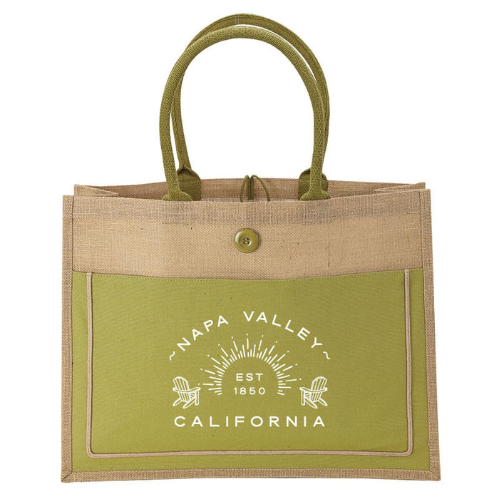 Custom   ADIRONDACK  Jute Tote Colored Canvas Button Pocket