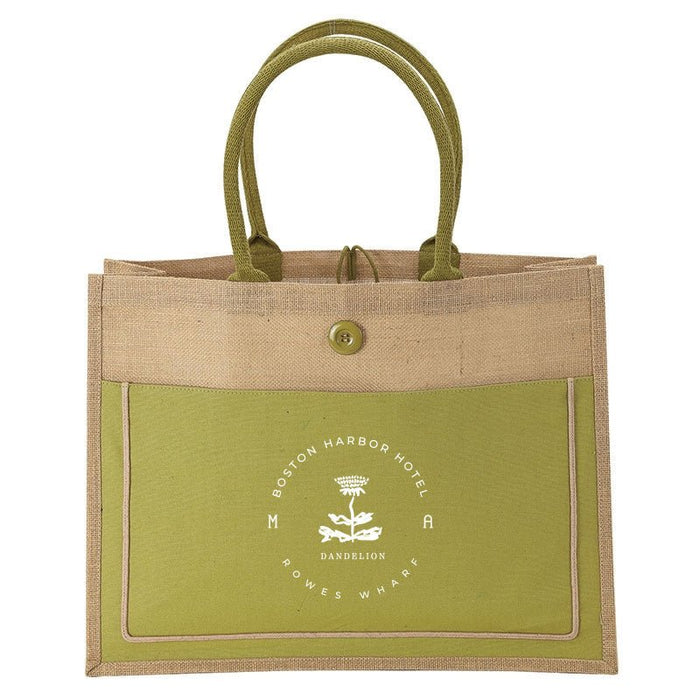 Custom Wholesale Jute Tote with Colored Canvas Pocket