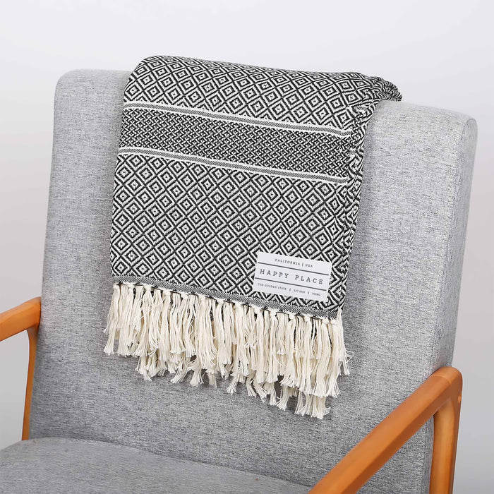 Custom Wholesale reGen rPET Woven Throw Blanket Printed with HAPPY PLACE COLLECTION