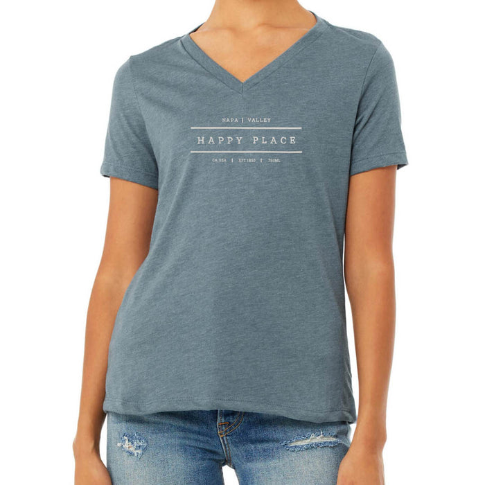 Bella + Canvas Ladies 4.2 Oz. Relaxed Hthr CVC Jersey V-Neck Poly Cotton T-Shirt  Printed with a Customizable HAPPY PLACE COLLECTION Design