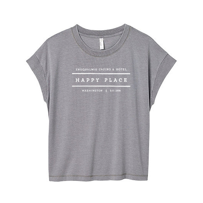 Custom HAPPY PLACE Live & Tell Ladies 5.7 Oz. Relaxed Deep Crew Neck Drop Shoulder Short Sleeve Vintage Wash Jersey T-Shirt