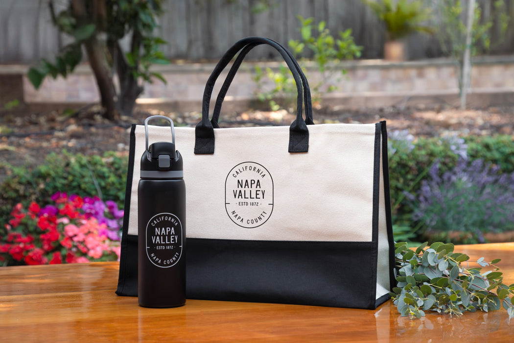 Custom Wholesale 20 Oz. Cabana Tote Black Handles Printed in CAPSULE COLLECTION Design