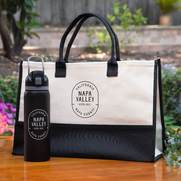 Custom Wholesale 20 Oz. Cabana Tote Black Handles Printed in CAPSULE COLLECTION Design