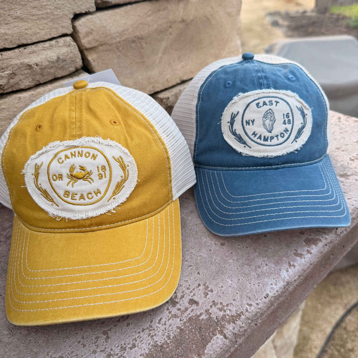 Custom COASTAL Cap America Unisex Pigment Dyed Trucker with Cap with Embroidered Frayed Patch