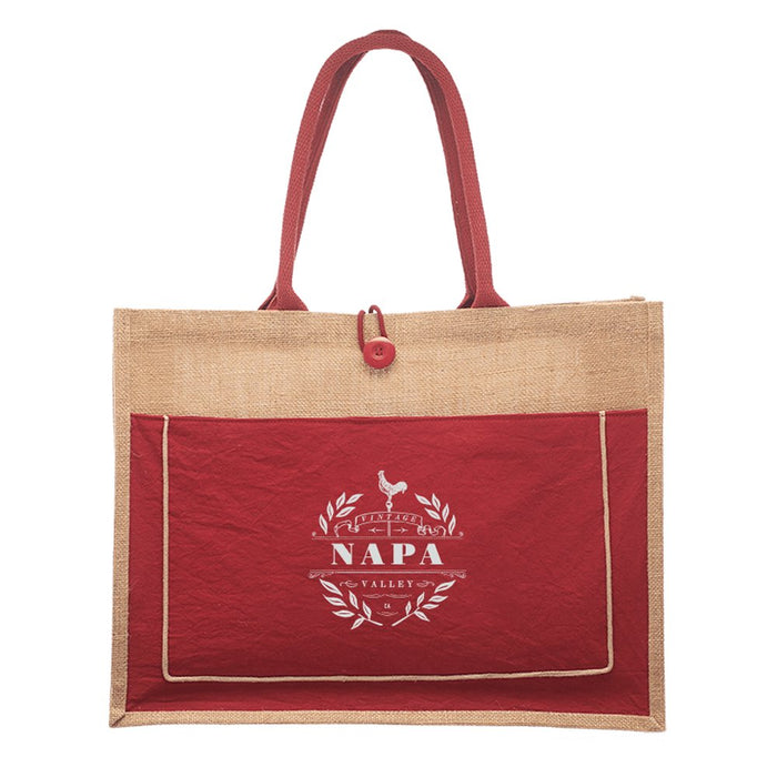 Custom Wholesale Jute Tote with Colored Canvas Pocket