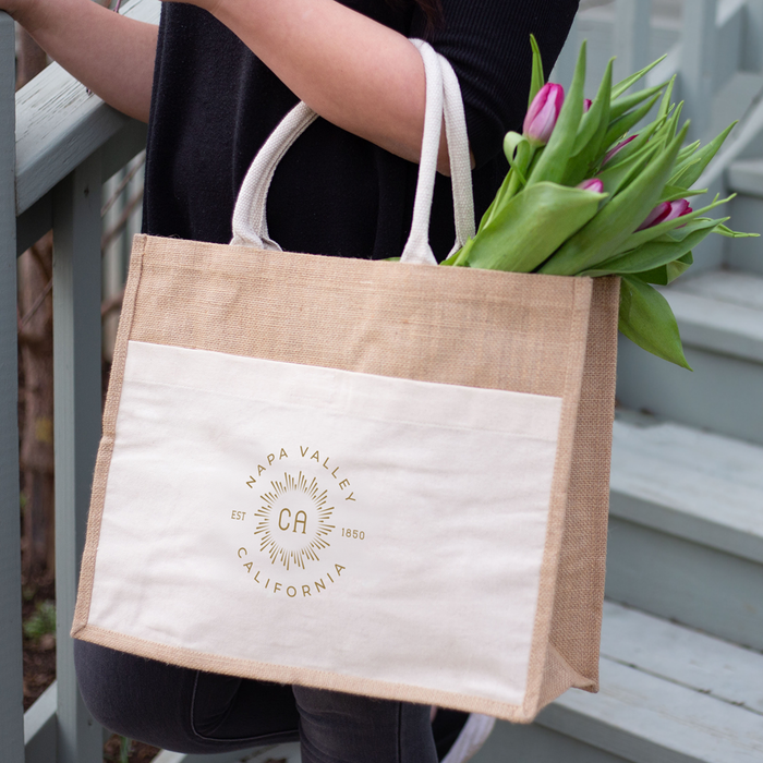 Custom BURST 8 Oz. Jute Canvas Pocket Tote w/ Velcro