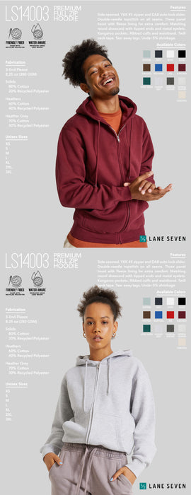 Custom Wholesale Lane Seven Unisex 8.25 Oz. Premium Full Zip Hoodie Poly Cotton