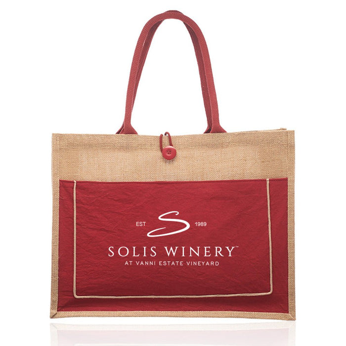 Custom Wholesale Jute Tote with Colored Canvas Pocket