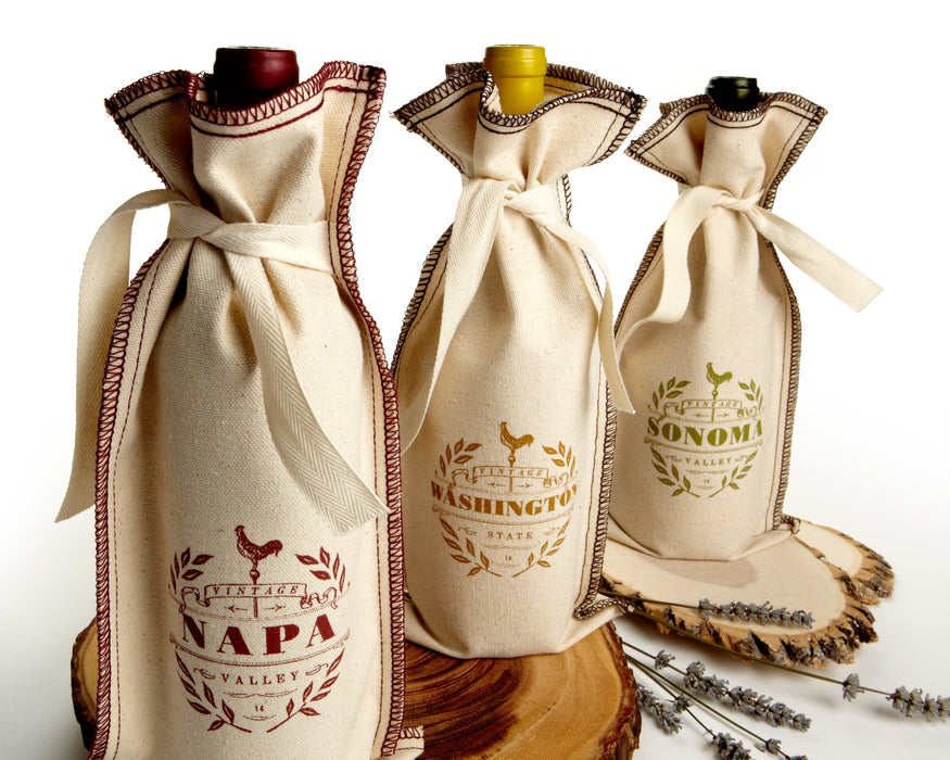 10 Oz. Cotton Tie Coverstitch Wine Gift Bag in a Customizable VINTAGE Design