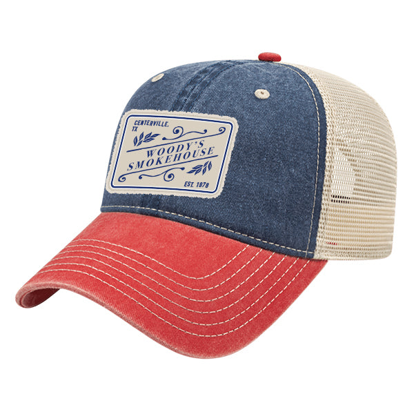 Custom SLANT Cap America Unisex Pigment Dyed Trucker with Cap Woven Patch Merrowed Label